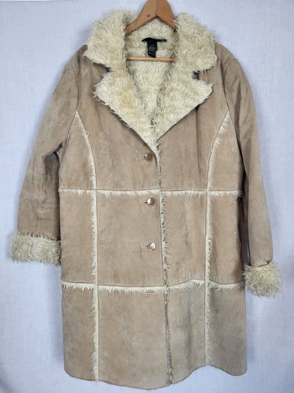 Vintage Brandon Thomas Leather Coat Women 14/16 (L) Long Faux Fur Shearling Y2K